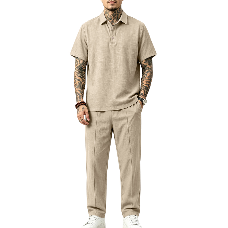 Short Linen Drawstring - Męski dwuczęściowy zestaw polo: koszulka polo